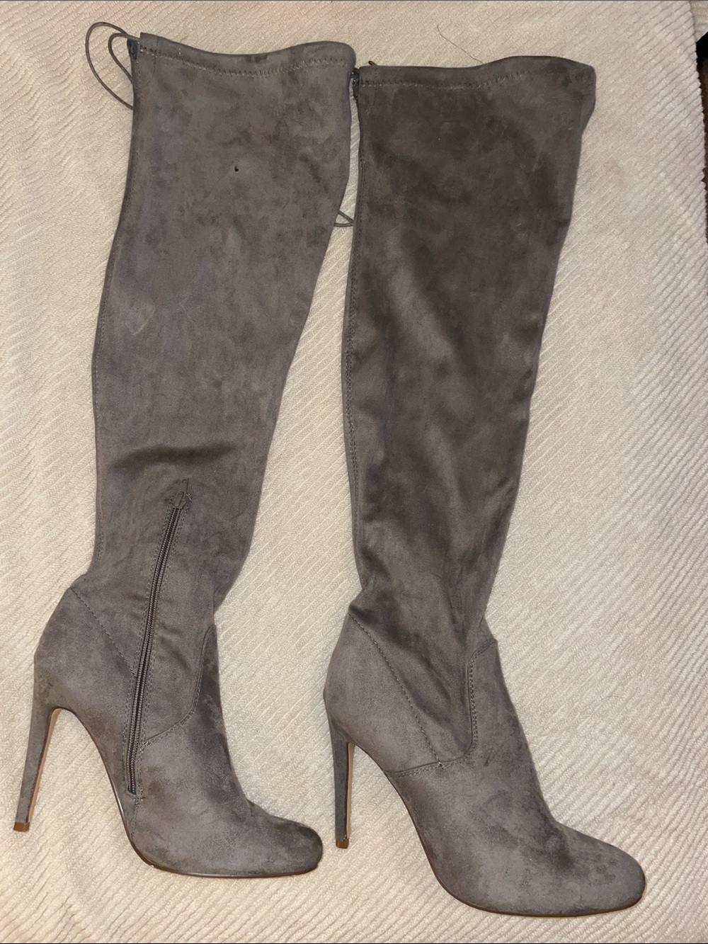 JustFab Women's Raegan Stiletto Thigh High Suede Boots, Taupe/Gray size 9.5